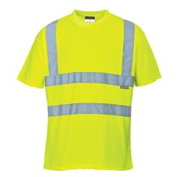 A bright yellow Hi-Vis T-shirt featuring reflective grey stripes and a logo on the front.
