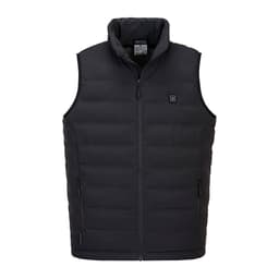 A black heated tunnel gilet featuring a zip front and a small logo on the chest. It has side pockets and a collar.