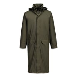 A long coat in olive green with a hood, featuring two front pockets and a buttoned closure. It has a logo on the chest.