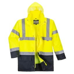 A high-visibility yellow jacket with reflective strips and a navy bottom section, featuring a hood and a zip closure.