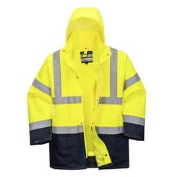 A hi-vis yellow jacket with reflective stripes and a navy bottom. It features a hood and an inner lining.