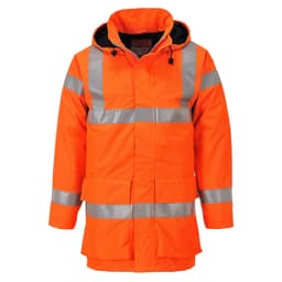 Bright orange rain jacket with reflective stripes and a hood. Features multiple pockets and a logo branding.
