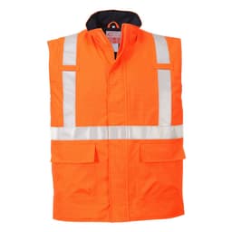 An orange bodywarmer featuring reflective strips and multiple pockets, designed for workwear use.