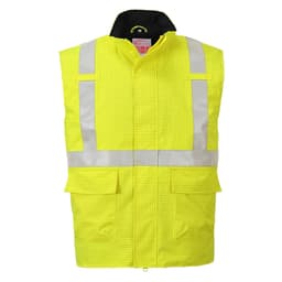 A high-visibility yellow bodywarmer with reflective stripes and pockets, featuring a black collar and branding.