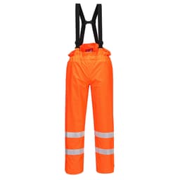 High-visibility orange antistatic FR trousers with reflective stripes and adjustable suspenders. 
