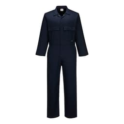 A navy polycotton coverall featuring long sleeves and two front pockets, with a logo present.