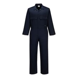 A navy polycotton coverall with long sleeves and two chest pockets, featuring a logo on the chest.
