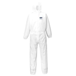 A white coverall suit with a hood, featuring an emblem on the chest, suitable for safety wear.
