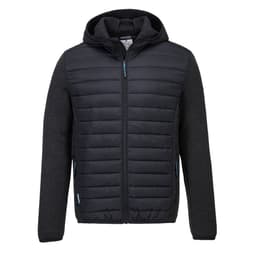 A black and grey hybrid baffle jacket with a hood, featuring a zip front and logo.