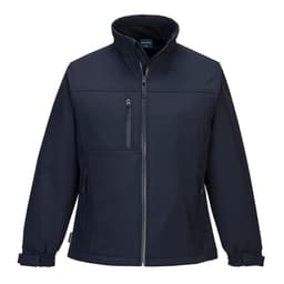 A navy women's softshell jacket with a zip front and multiple pockets. The jacket features a collar and has a logo.