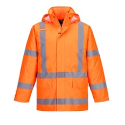 An orange winter jacket with reflective stripes and a hood. Features a logo on one sleeve.