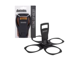 A black folding cup holder with four cup slots, displayed with packaging that includes a logo.