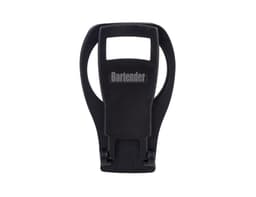 A black folding cup holder with a logo, designed for easy attachment and use.