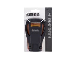 A black folding cup holder featuring a transparent section for holding drink bottles, packaged in a card.