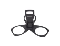 A black Bartender Folding Cup Holder with two cup slots and a central handle for easy carrying.
