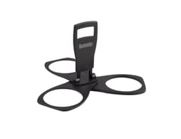A black folding cup holder with three circular openings and a central handle, featuring a logo.