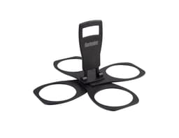 A folding cup holder in black featuring four openings and a central handle for easy carrying. It has a logo on it.