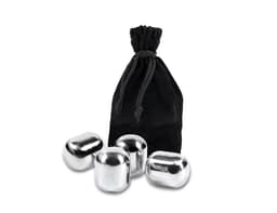 A set of four stainless steel wine pearls in a black velvet pouch.