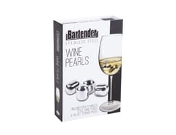 A box containing four stainless steel wine pearls and a velvet storage pouch, alongside a glass of white wine.