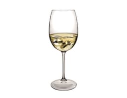 A wine glass containing white wine and four silver wine pearls, featuring a sleek design.