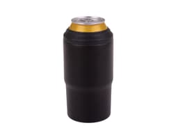 A drink bottle with a sleek black design and a metallic gold top, featuring a logo.