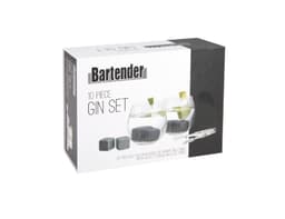A gin set featuring two glass tumblers, six granite chilling stones, and a storage bag, presented in a boxed package.