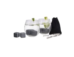 A drink set featuring two clear glasses with drinks, grey ice cubes, tongs, and a black storage pouch.