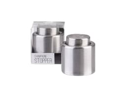 A drink bottle champagne stopper in stainless steel, presented in a clear box, with an accompanying logo.