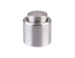 A drink bottle stopper in stainless steel with a smooth, rounded top and a logo embossed on the surface.