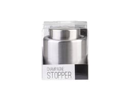 A champagne stopper in a silver metallic finish, presented in a transparent packaging with branding.