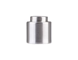 A drink bottle champagne stopper in polished stainless steel with a sleek, cylindrical design and a branding logo.