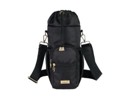 A drink bottle bag in black with a drawstring top, gold accents, and a front zip pocket, featuring a logo.