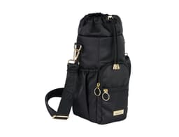 A drink bottle bag in black with gold accents, featuring a zippered pocket and an adjustable strap.