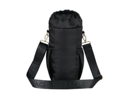 A drink bottle bag in black, featuring a drawstring top and a shoulder strap with a logo.
