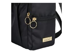 A drink bottle bag in black with two zippered compartments and a gold logo tag.