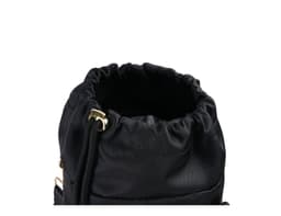 A drink bottle bag in black fabric with a drawstring closure and a structured top. Features a logo.
