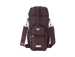 A drink bottle bag in dark purple, featuring a zippered pocket, adjustable strap, and a brand logo.