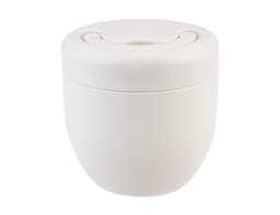A drink bottle in a sleek, off-white design with a spill-proof lid and a smooth finish. It features a logo.