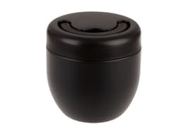 A vacuum food pod in matte black, featuring a smooth finish and a curved lid design. It includes a logo.