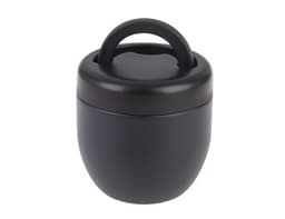 A drink bottle featuring a sleek black design with a handle on the lid and a smooth matte finish.