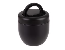 A vacuum food pod in matte black, featuring a textured handle and a secure lid. It has a logo on the side.