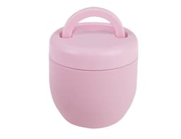 A pink vacuum food pod with a round shape and a handle on top. It features a smooth, matte finish and has a logo.