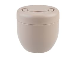 A vacuum food pod in a soft beige colour with a smooth, rounded design and a lid featuring a circular opening.