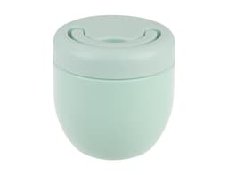 A drink bottle in soft mint green with a lid and a sleek, rounded design. It features a branding logo.