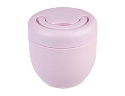 A vacuum food pod in soft pink with a lid featuring a curved opening and a smooth surface. It has a logo on it.