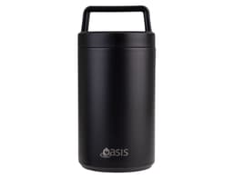 A drink bottle with a sleek black exterior, featuring a handle and an attached spoon. Branding is present.