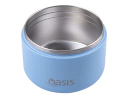 A food flask in pastel blue, featuring a stainless steel interior and a logo.