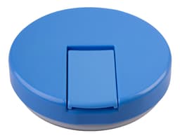 A blue insulated food flask with a quick-release lid and a smooth surface, featuring a logo on the top.