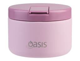A pink insulated food flask with a lid, featuring a logo on the front.