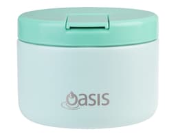 A food flask in a soft mint green colour with a lid and a branding logo on the front.